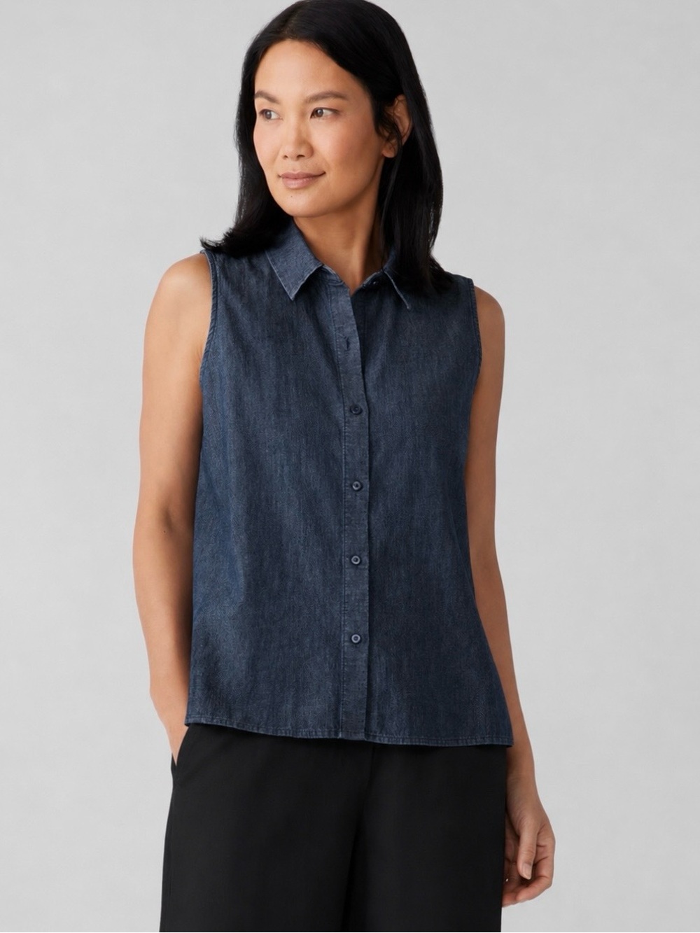 Eileen Fisher Airy Organic Cotton Twill Sleeveless Shirt L Blue Classic Travel